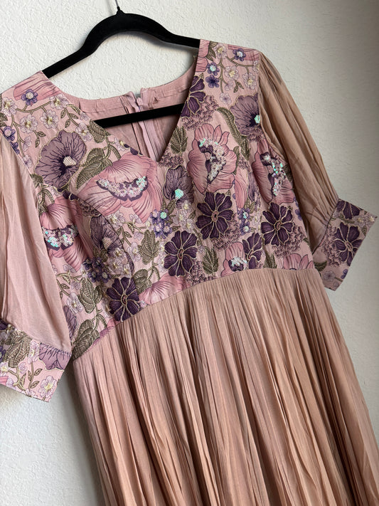 Brown with Lavendar dual shade georgette pleated designer long anarkali dress