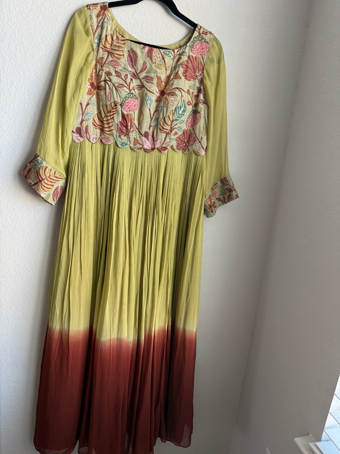 Mehendi green with brown dual shade long anarkali with a beautiful complementing yolk