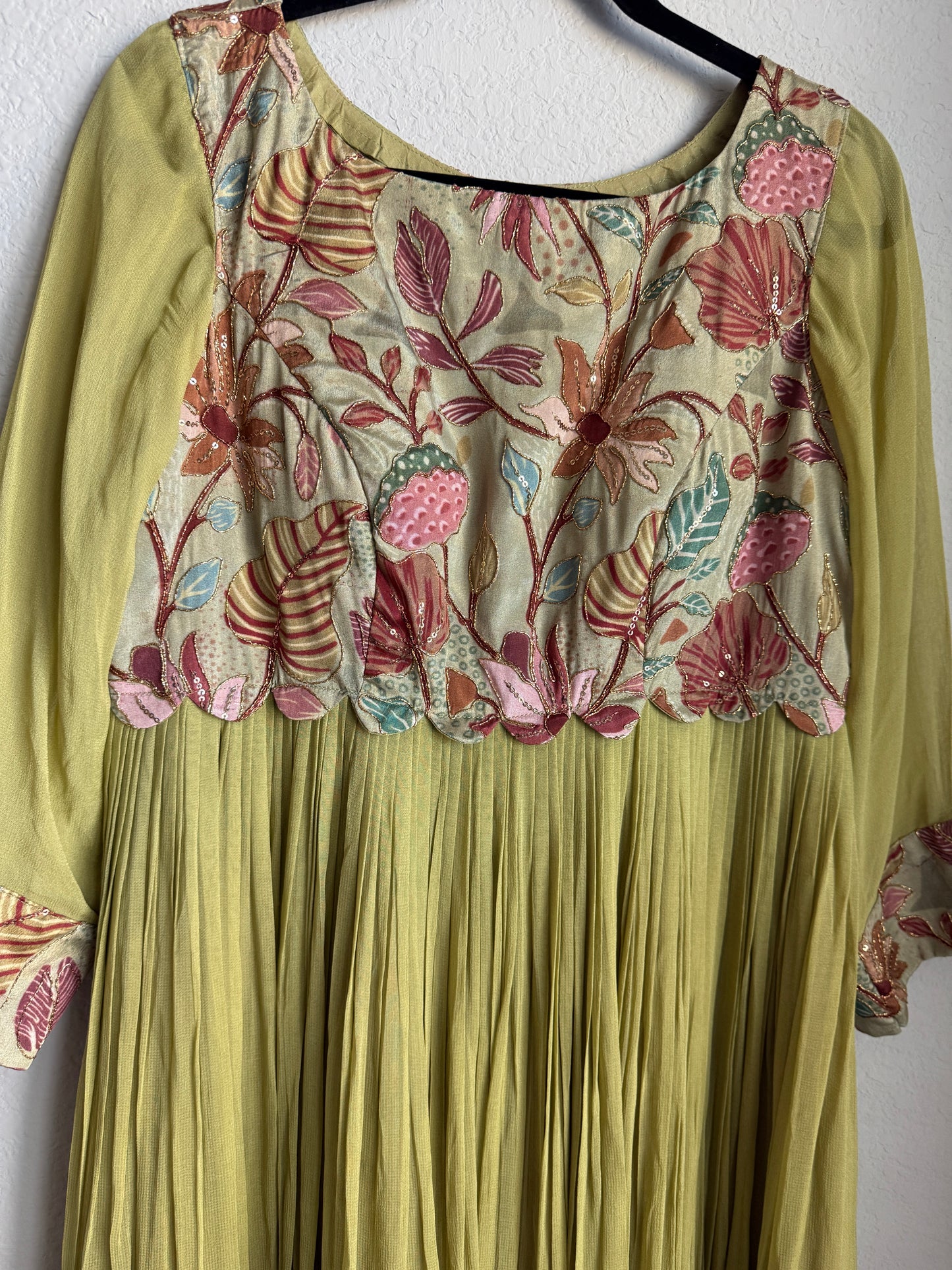 Mehendi green with brown dual shade long anarkali with a beautiful complementing yolk