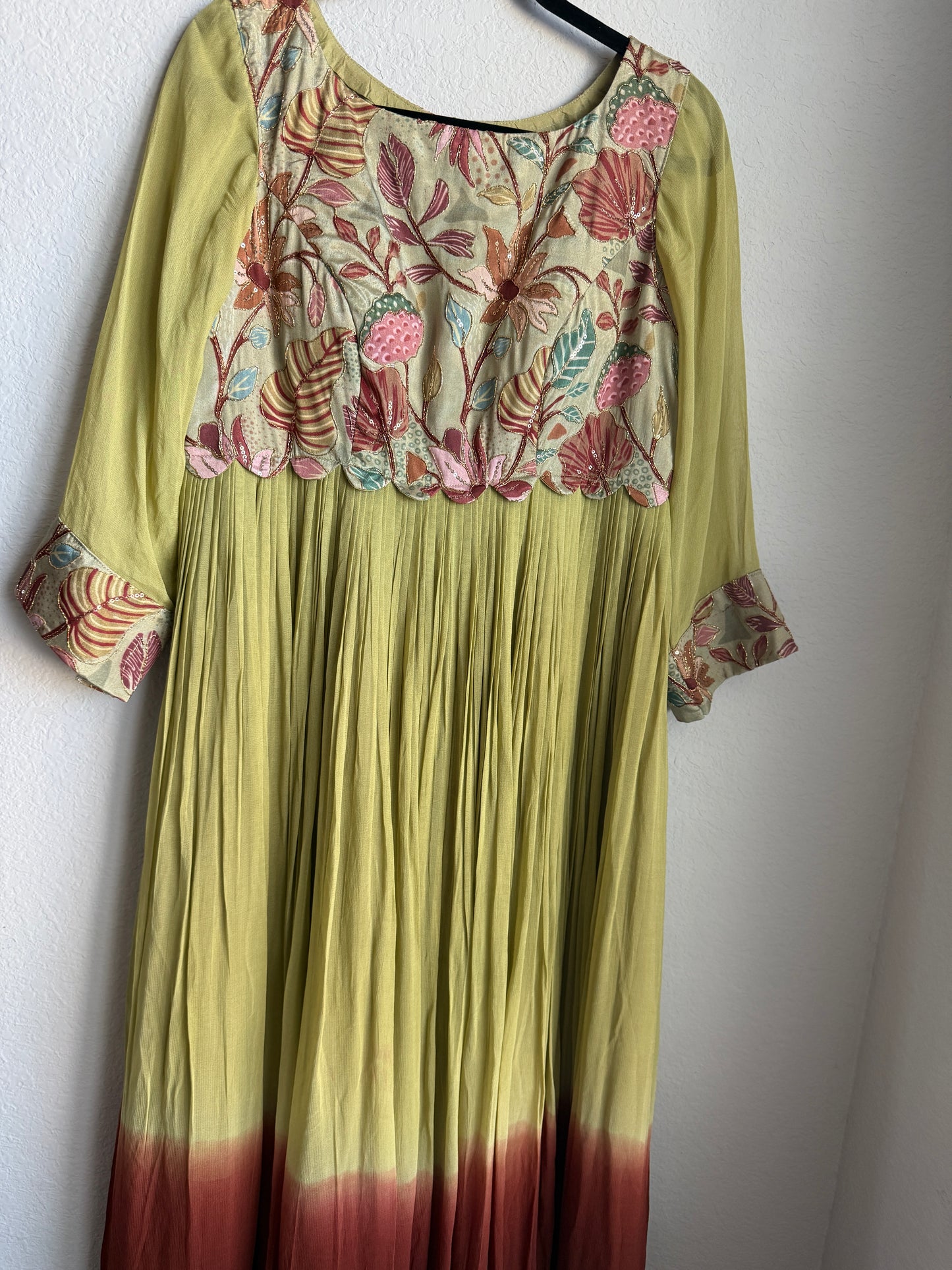 Mehendi green with brown dual shade long anarkali with a beautiful complementing yolk