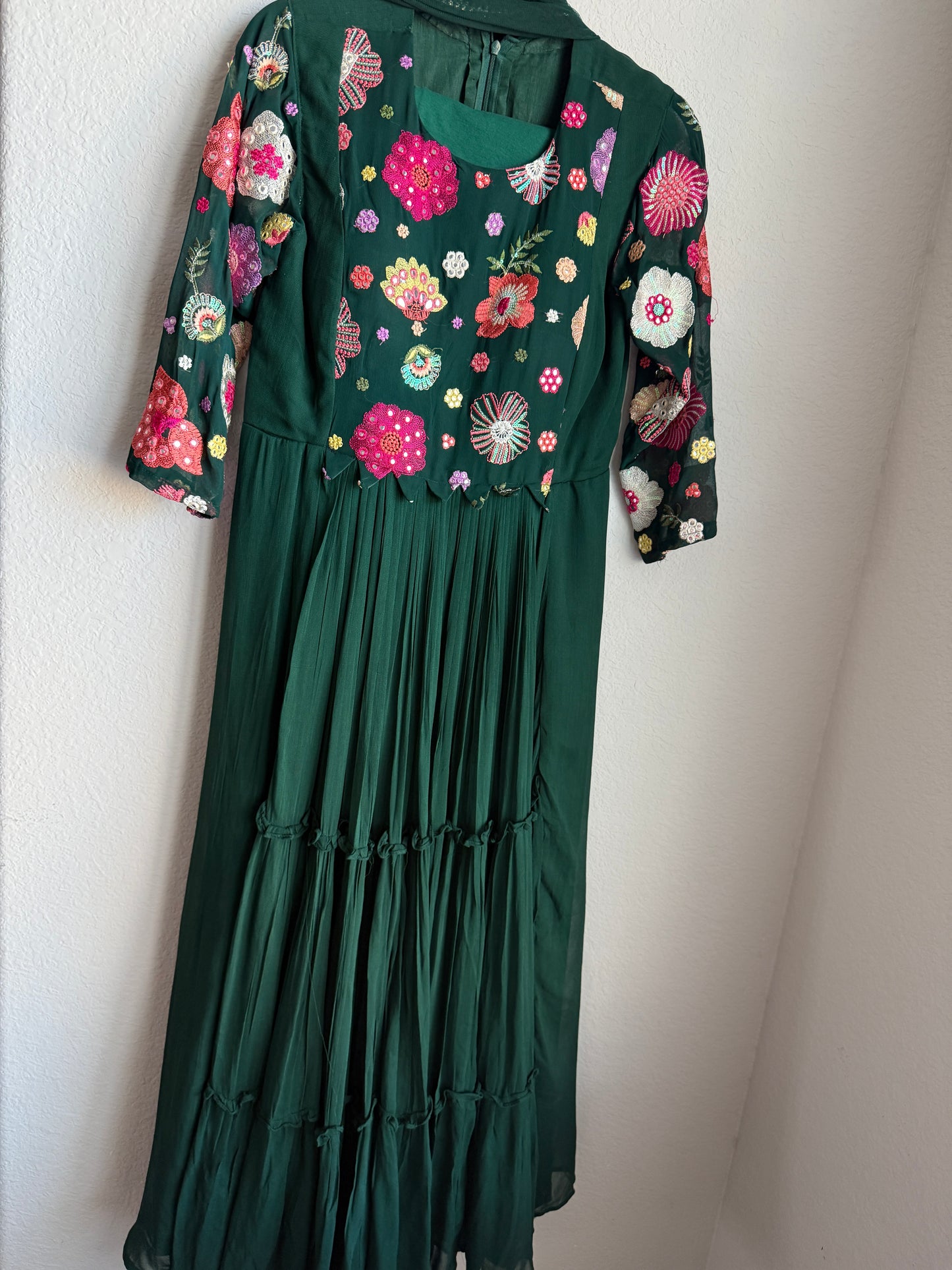 Bottle green georgette anarkali set with beautiful yolk detailing