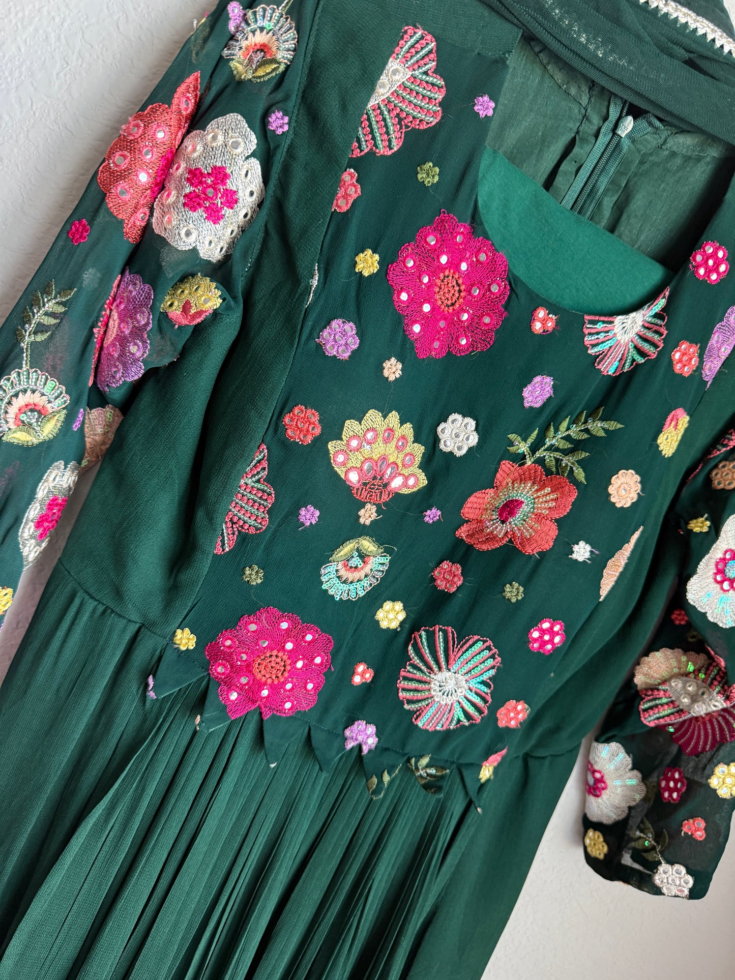 Bottle green georgette anarkali set with beautiful yolk detailing