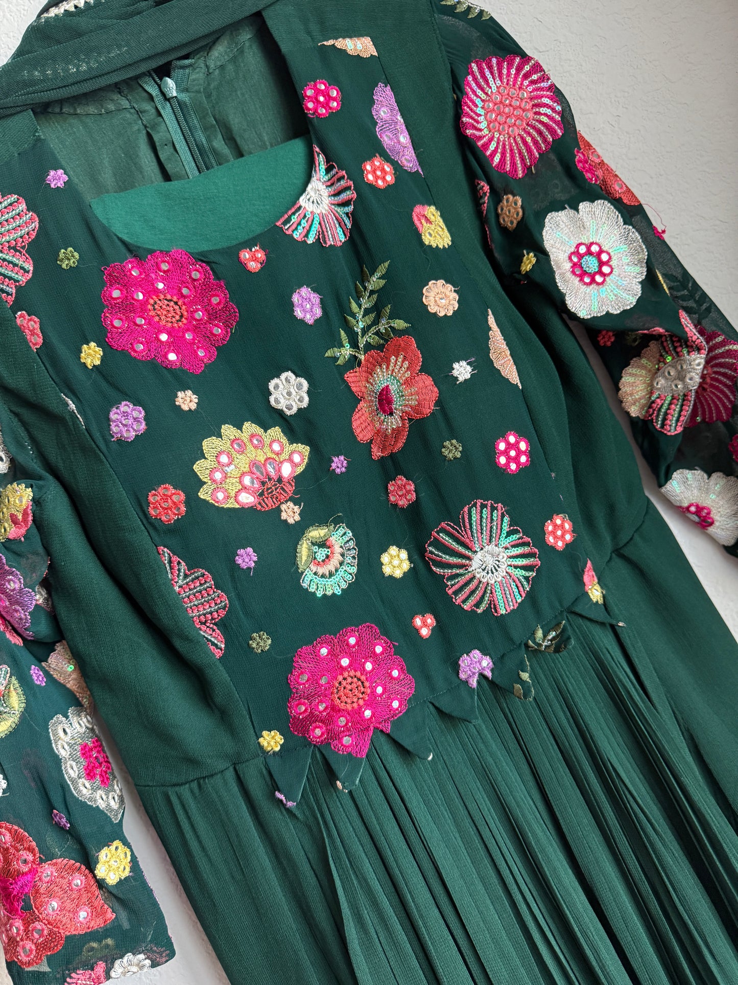 Bottle green georgette anarkali set with beautiful yolk detailing