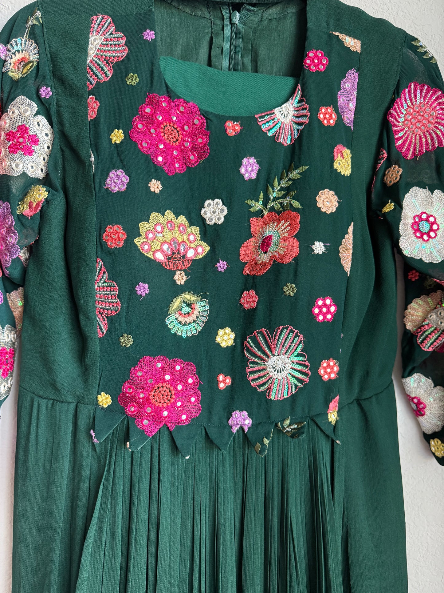 Bottle green georgette anarkali set with beautiful yolk detailing