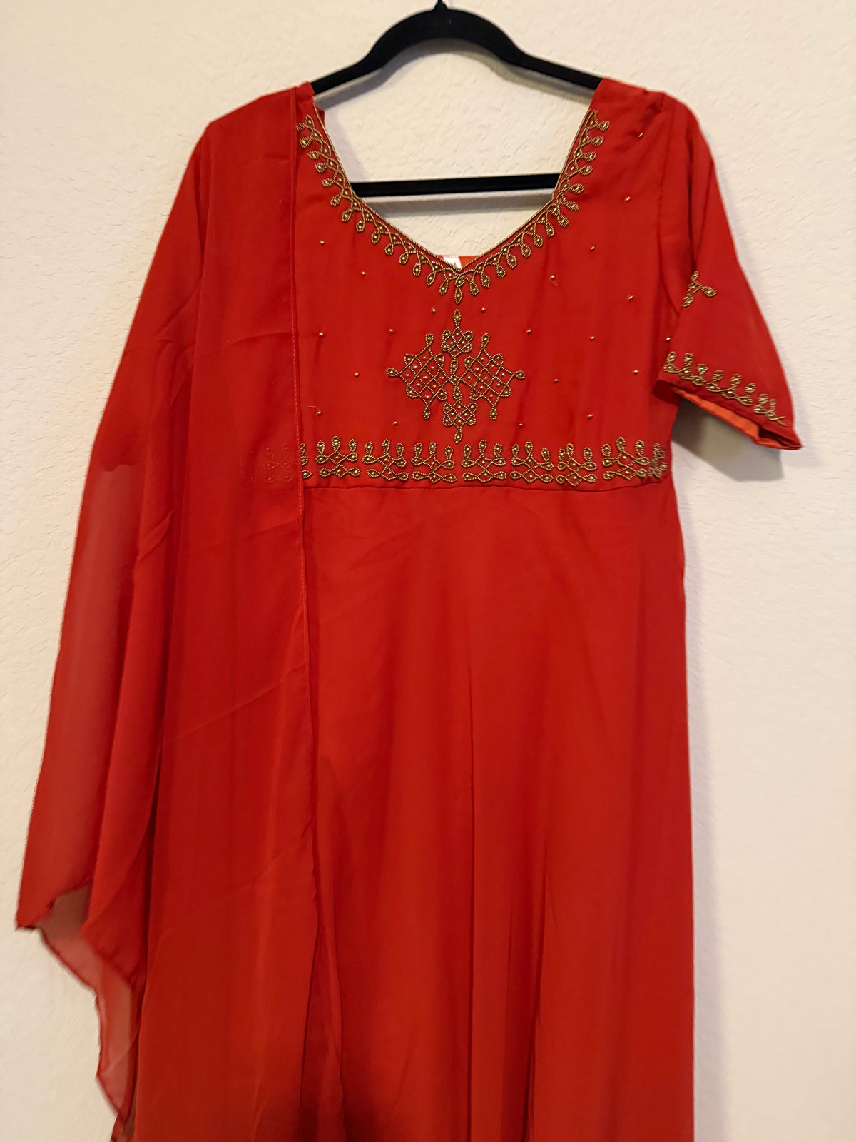 Rust Orange Georgette Kolam Design Anarkali - Top and Dupatta Set