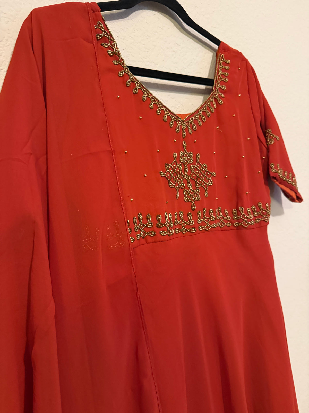 Rust Orange Georgette Kolam Design Anarkali - Top and Dupatta Set