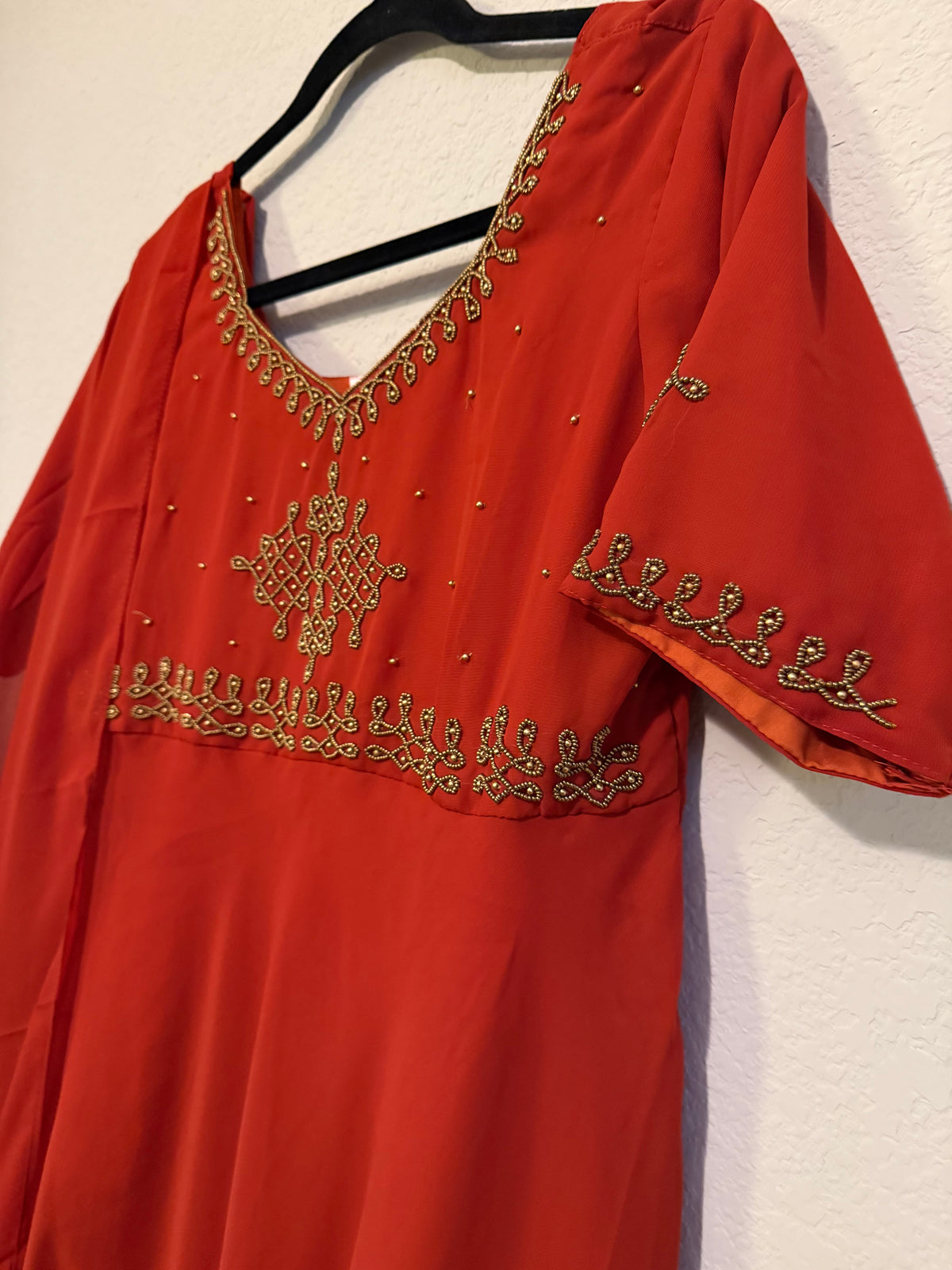 Rust Orange Georgette Kolam Design Anarkali - Top and Dupatta Set