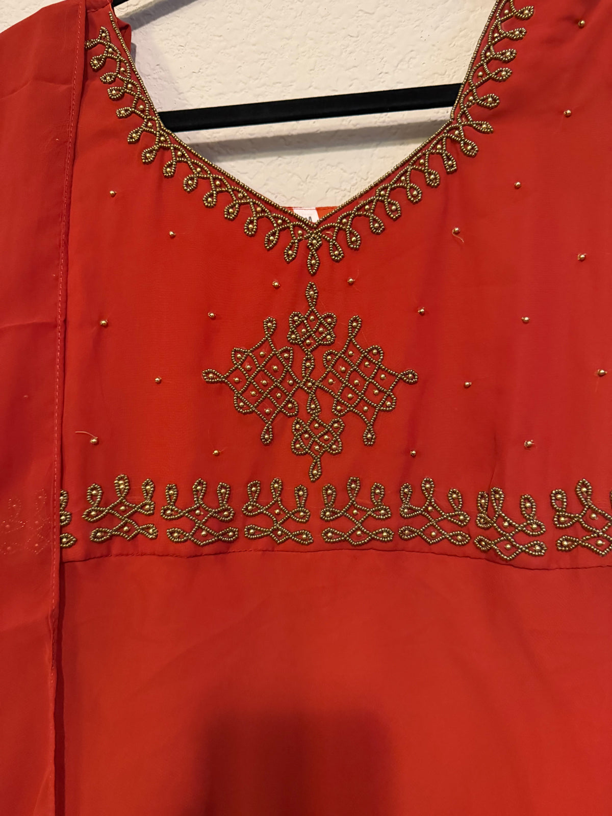 Rust Orange Georgette Kolam Design Anarkali - Top and Dupatta Set